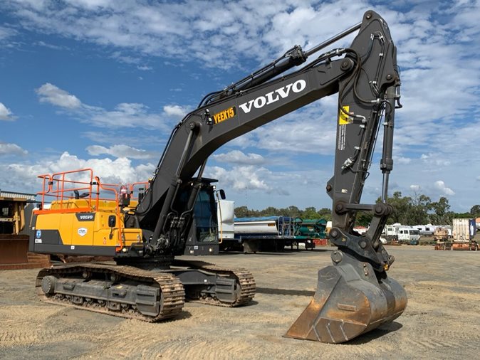 View yellow 2023 Volvo EC350DL excavator (steel tracked) available via auction.